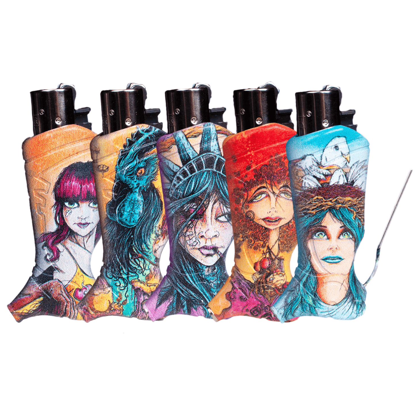 A side view of the Lady Liberty & Friends - CLIPPER lighters, each featuring unique illustrated designs on a metallic background.