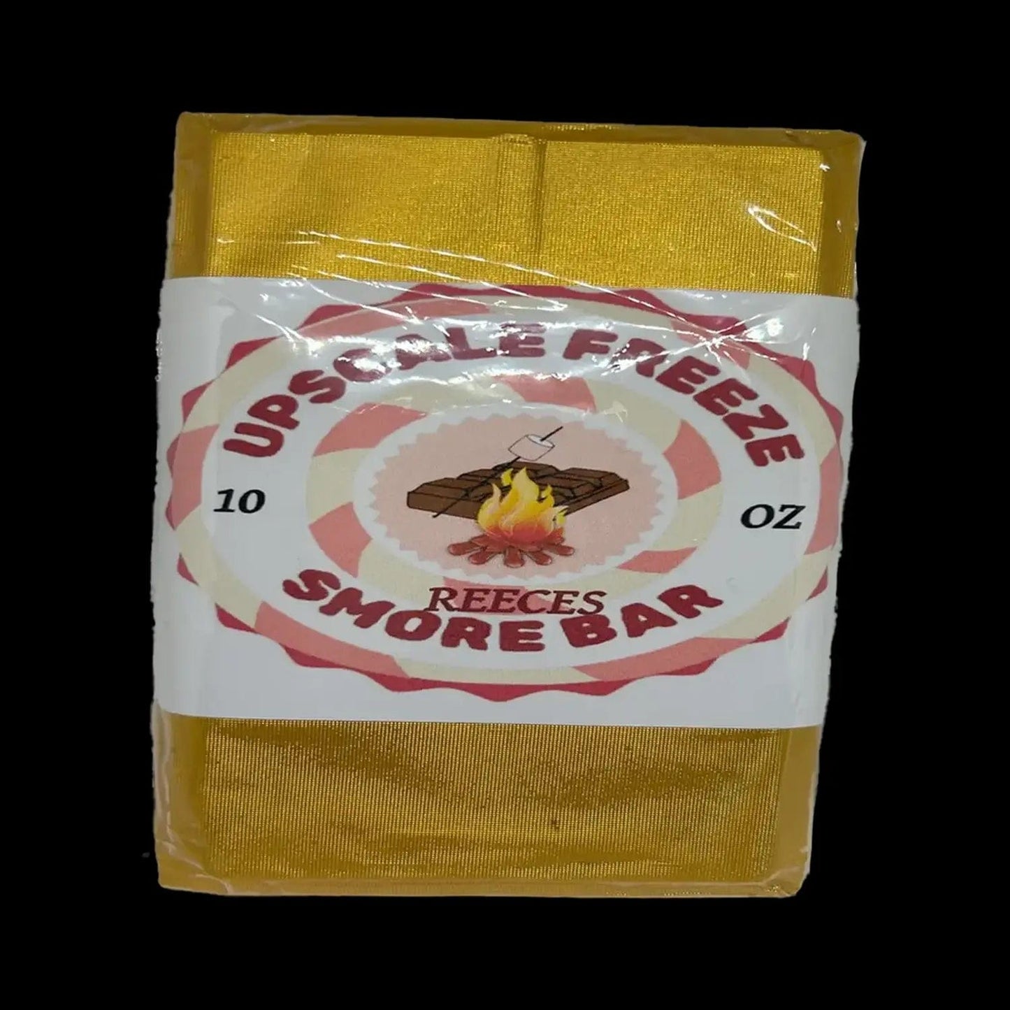 Front view of the Upscale Freeze Chocolate Smore Reeses bar, with gold packaging and bold lettering.