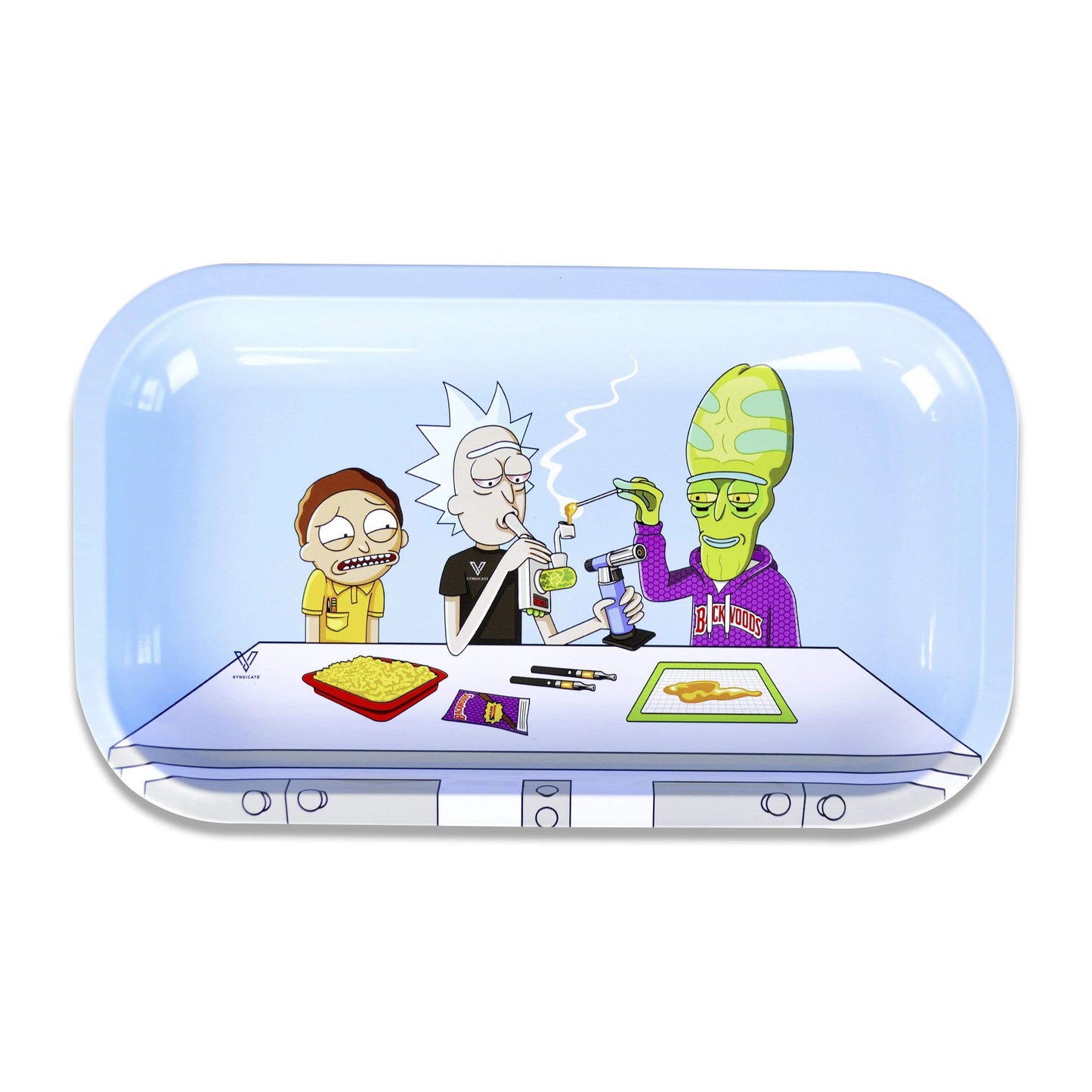 A top-down view of the V-Syndicate Metal Rolling Trays displaying a joint and other smoking accessories against a colorful patterned background.