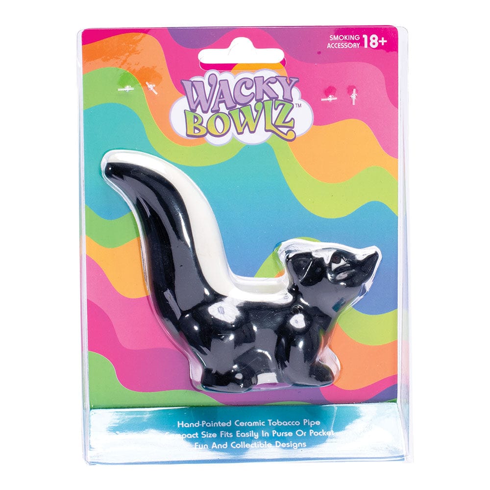 A studio shot of the Skunk Ceramic Hand Pipe, displaying its sculpted skunk design with visible branding on a plain background.