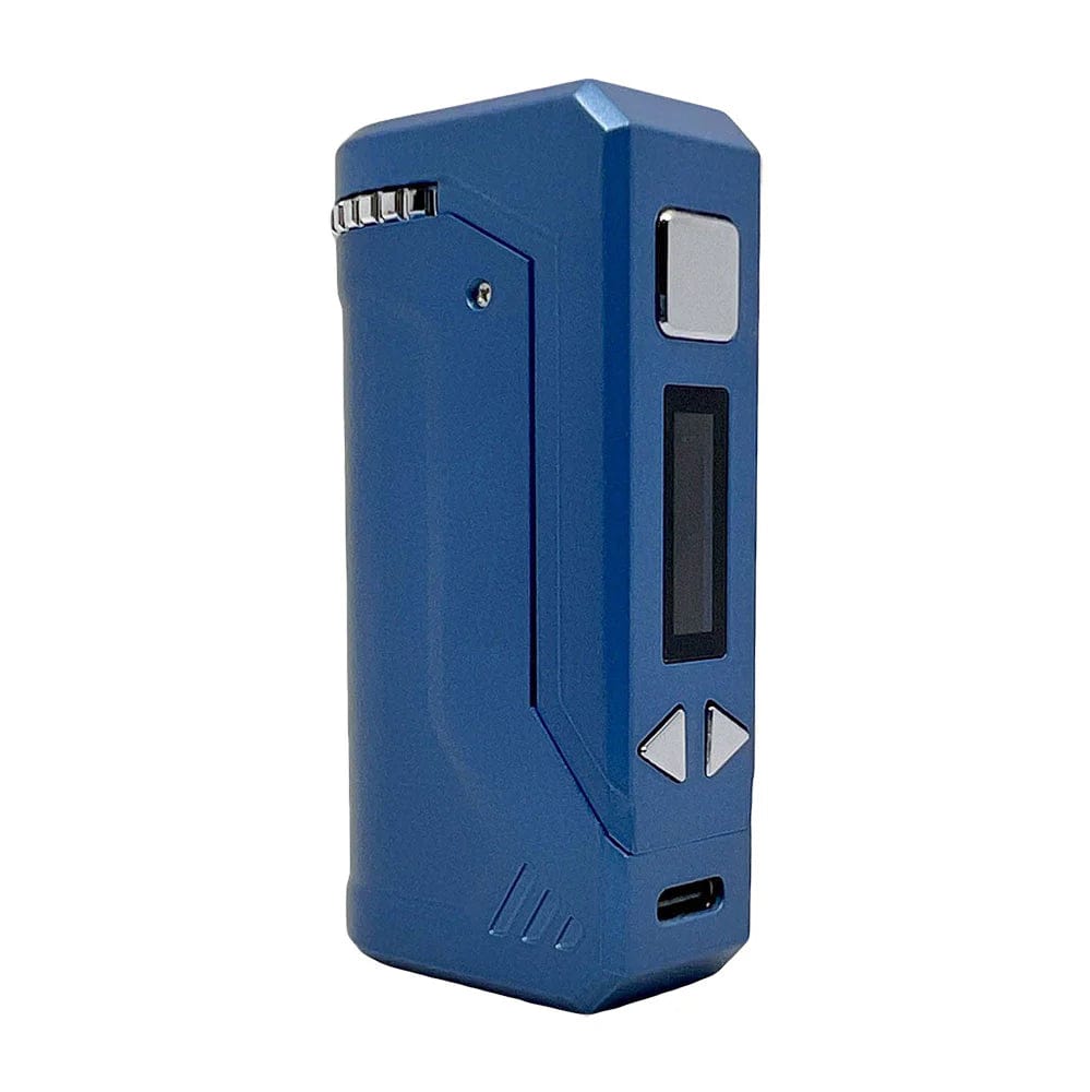 Front view of the Yocan UNI Pro Box Mod, a dark blue, rectangular device with a small screen and button details.