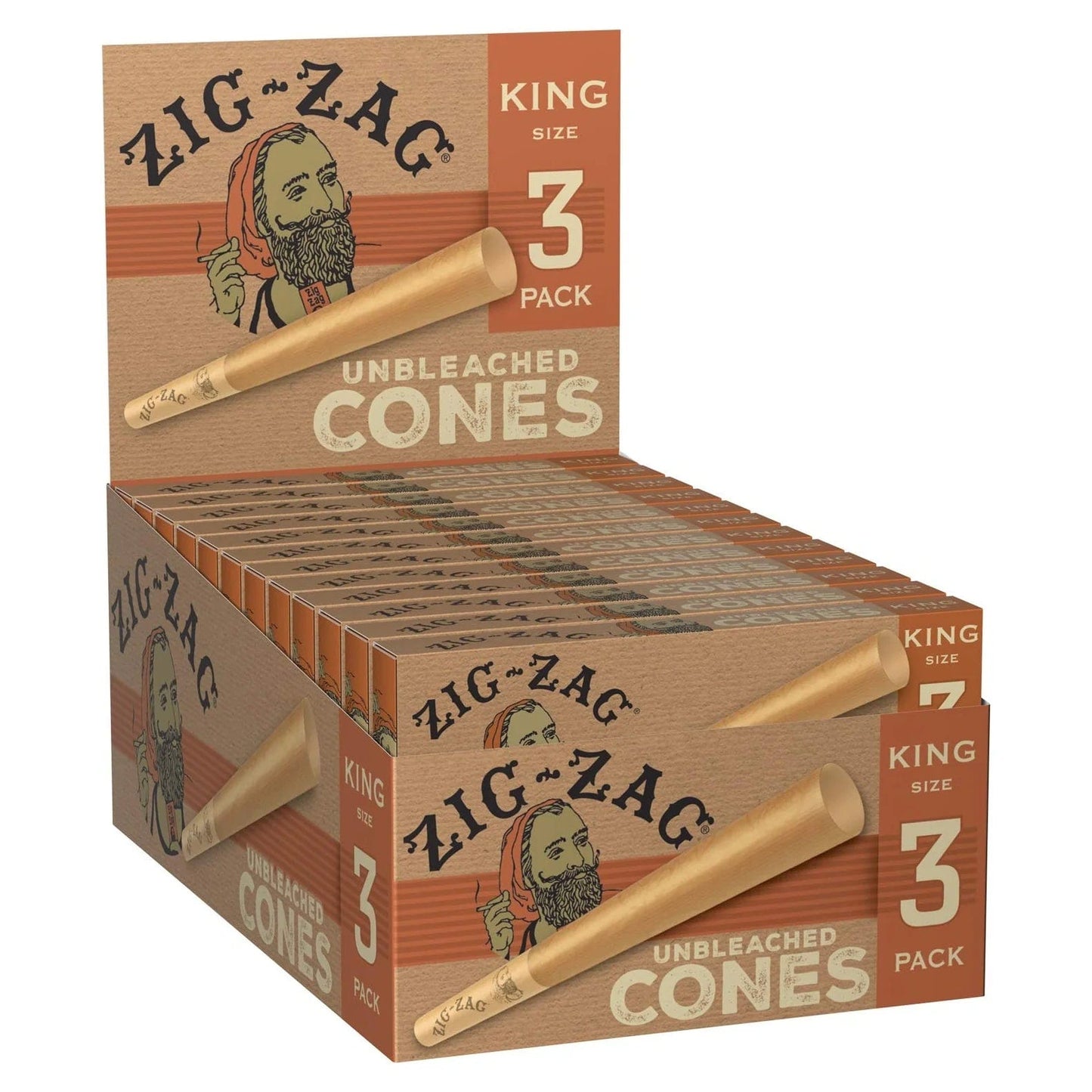 Front view of the Zig Zag King Size Unbleached Pre-Rolled Cones package, displaying a vintage illustration and the quantity of three.
