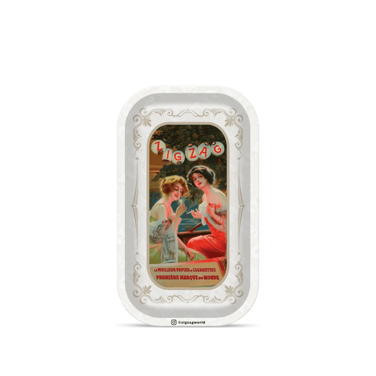 A top-down view of the Zig Zag Lanterns Rolling Tray featuring a vintage-style illustration within a circular border.