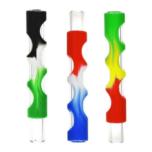 Gift Guru Hand Pipe Silicone Covered Glass Insert Chillum - 4" / Colors Vary