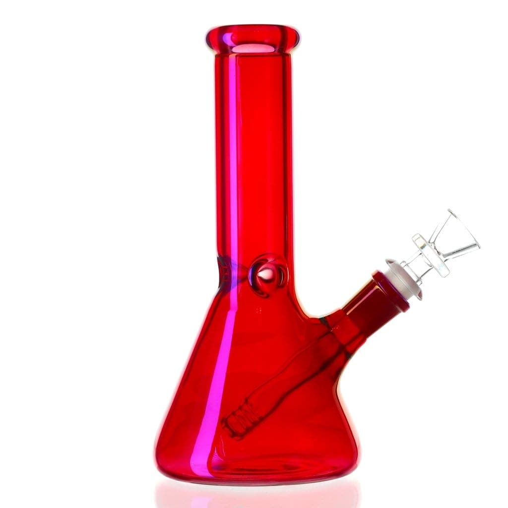 Front view of the Electric Neon Beaker Bong, a vibrant red glass piece with a classic beaker shape and reflective surface.