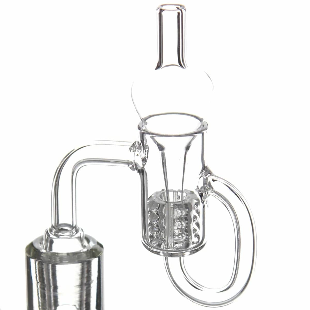 A close-up, angled view of the Premium Quartz Recycler Banger Set, showing its intricate quartz design and reflective surface.