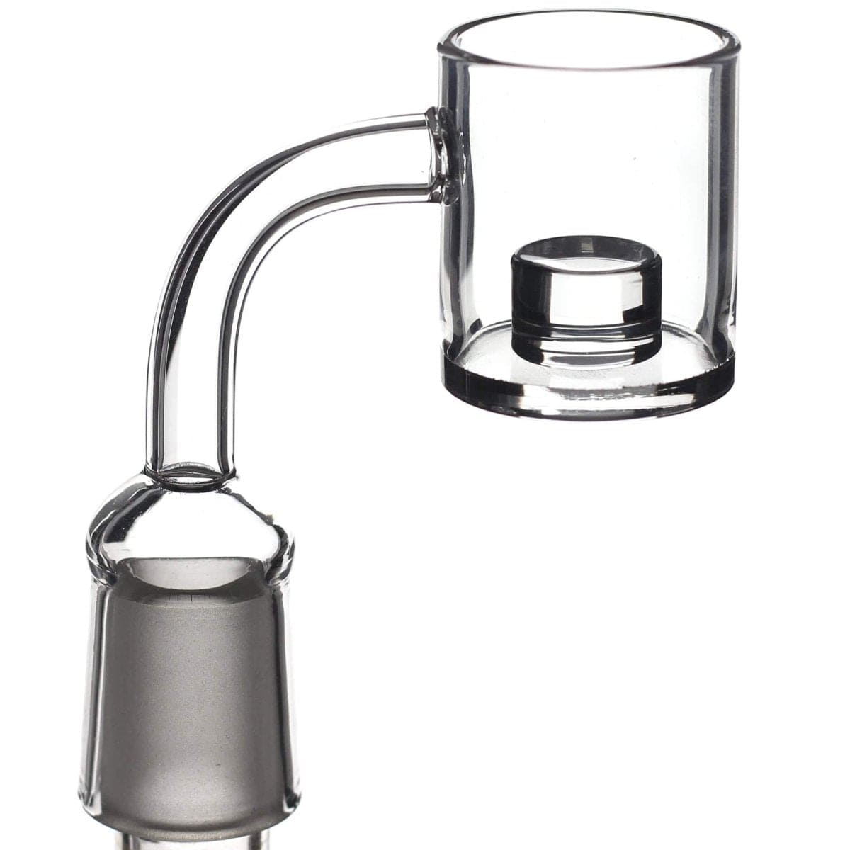 A close-up, angled view of the Core Reactor Banger, showcasing its clear glass construction and cylindrical shape.