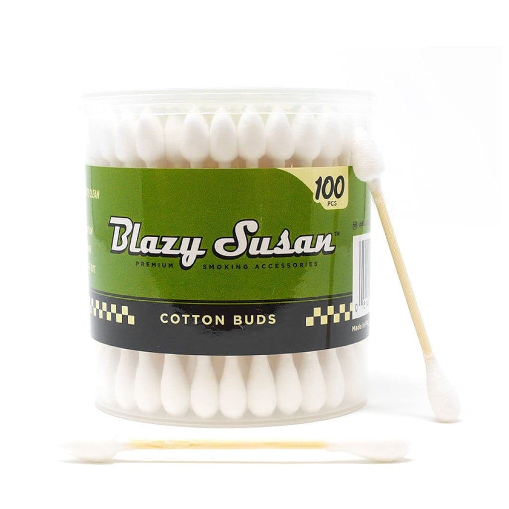 A close-up shot of the package for Blazy Susan Cotton Buds, showing the white swabs with a blue tip and the product’s branding.