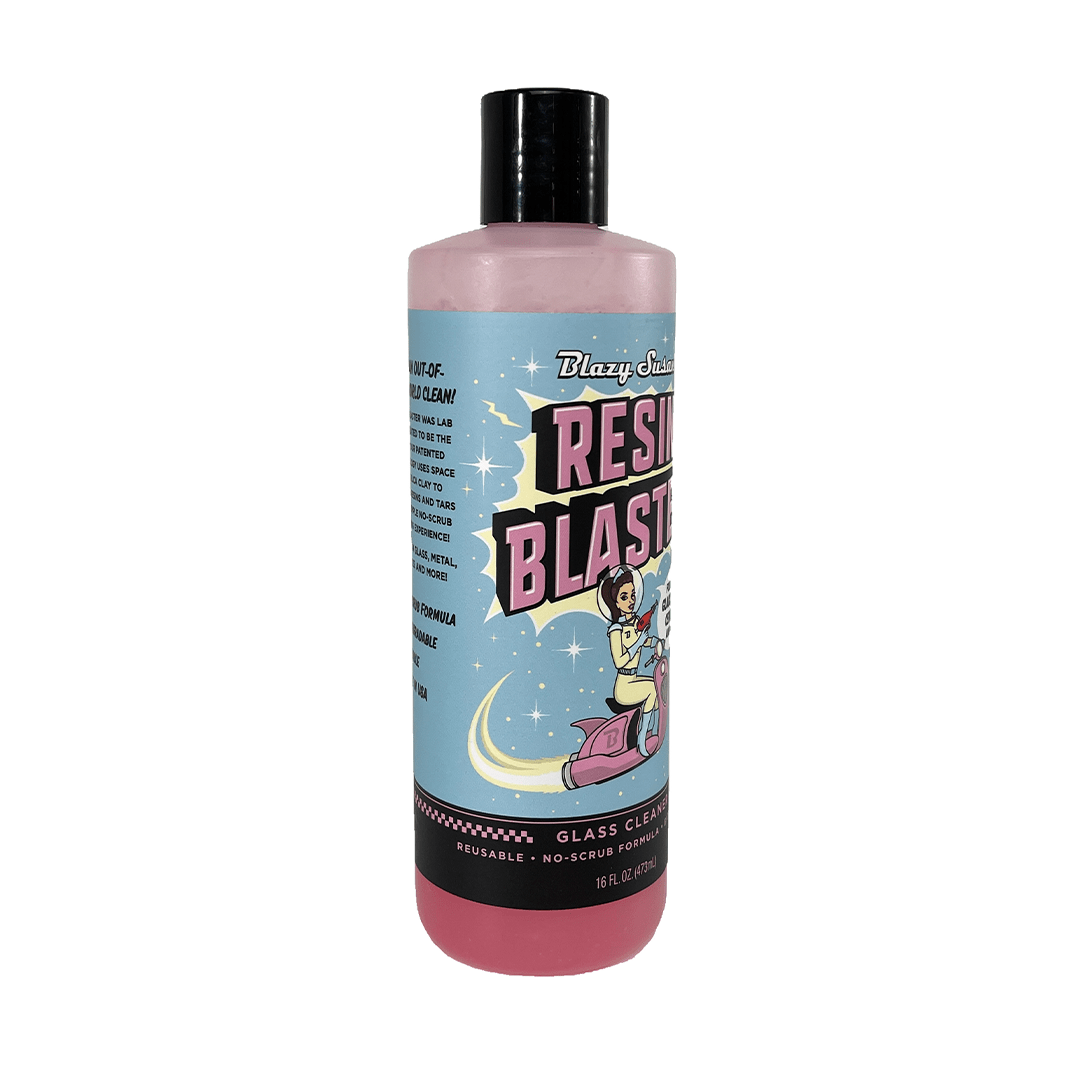 Front view of the Blazy Susan Resin Blaster Glass Cleaner bottle with bold branding on a vibrant blue background.