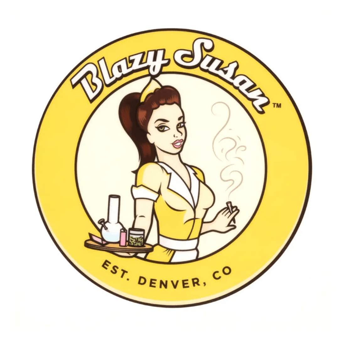 A vintage-style illustration features the Blazy Susan 8" Dab Pads branding with a pin-up girl design against a white background.