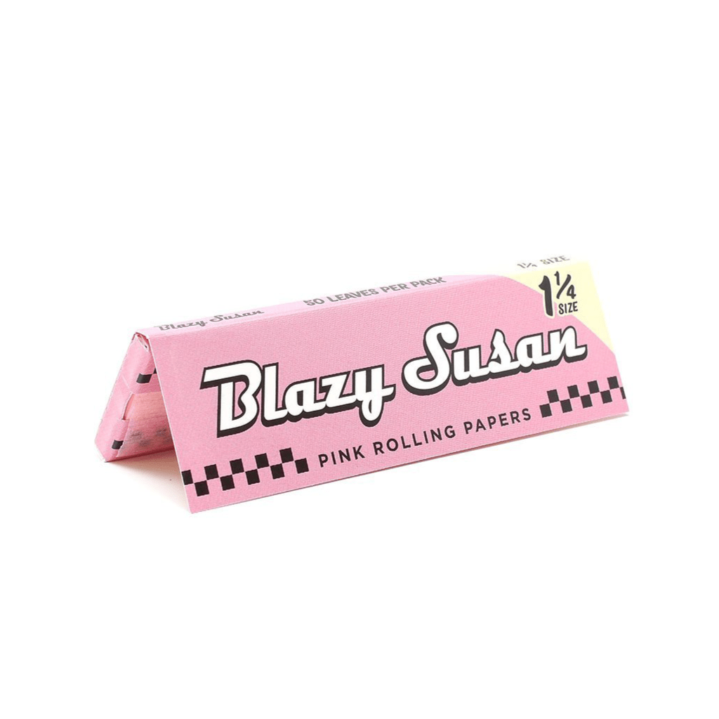A close-up, top-down view of a pack of Blazy Susan Pink Rolling Papers with visible branding and packaging details.