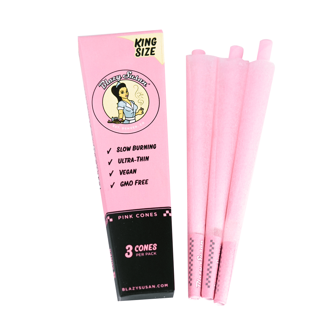 A stack of pink Blazy Susan Paper Cones against a plain white background, showcasing the cone’s rolled shape and branded packaging.