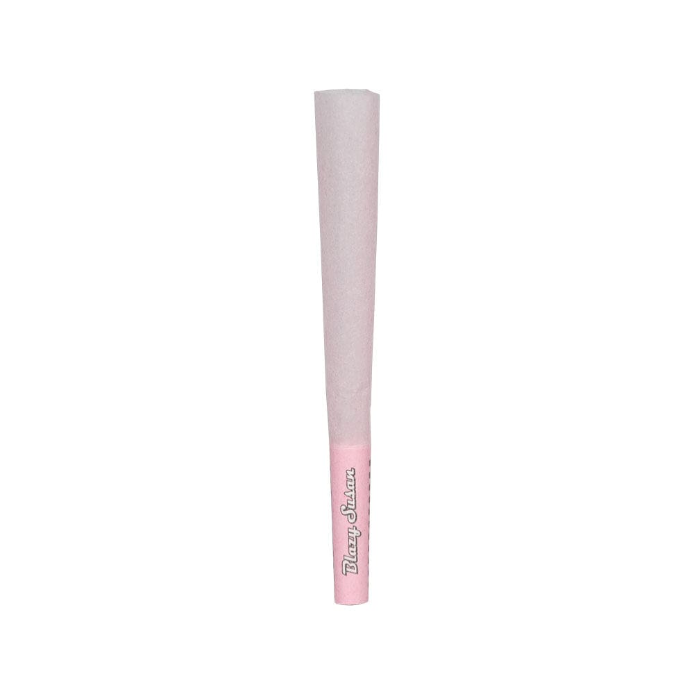 A slightly angled view of the Blazy Susan Pink Pre-Rolled Cones 50 Pack, showing the pink cones neatly stacked in their clear plastic packaging.