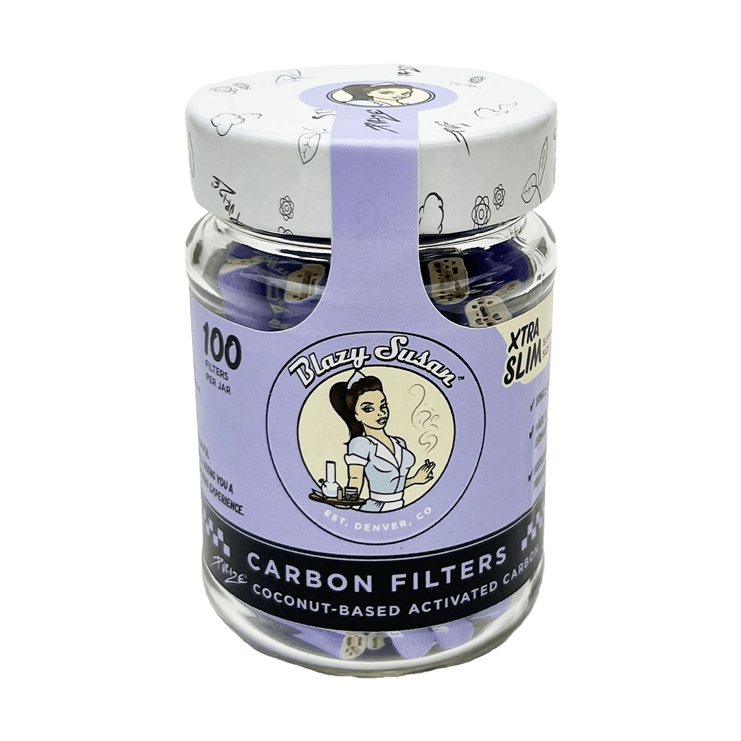 Front view of the Blazy Susan Filter Tips container, displaying colorful branding and text on a clear jar.