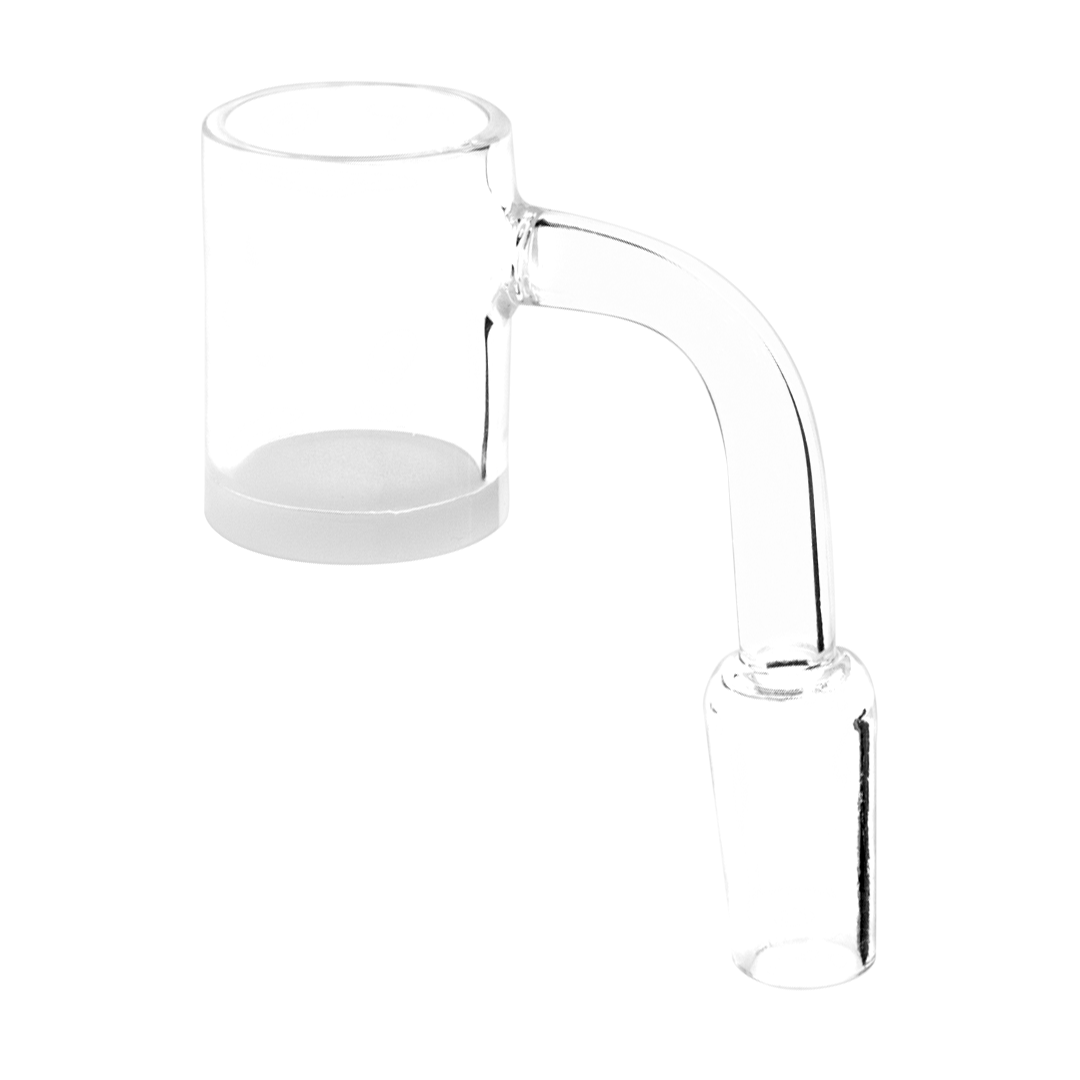 A close-up, angled view of the Blue Blood 14mm 90 Degree Banger, showing the clear glass construction and smooth, curved design.