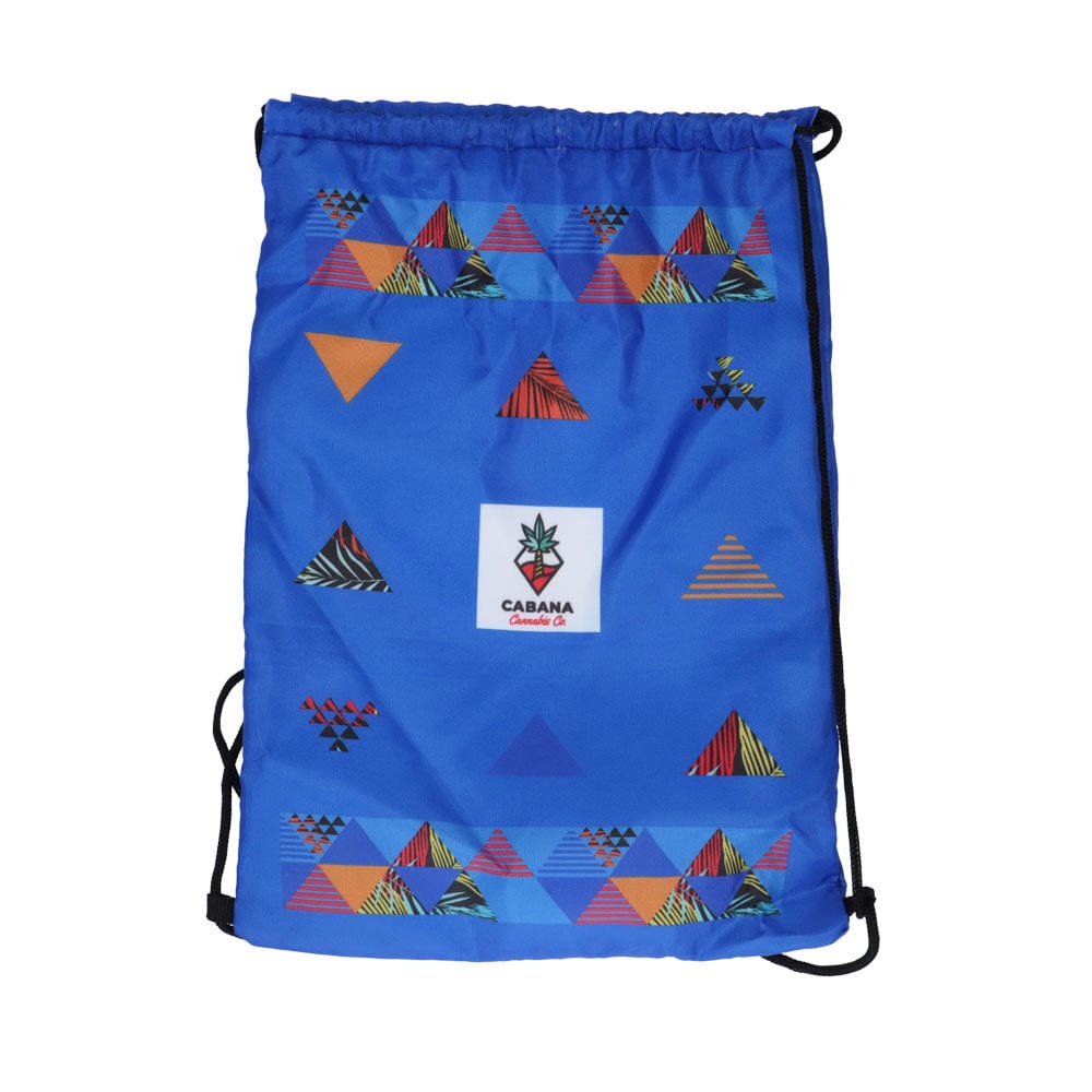Front view of The Sunrise Water Pipe, displaying a blue patterned bag with drawstring closures.