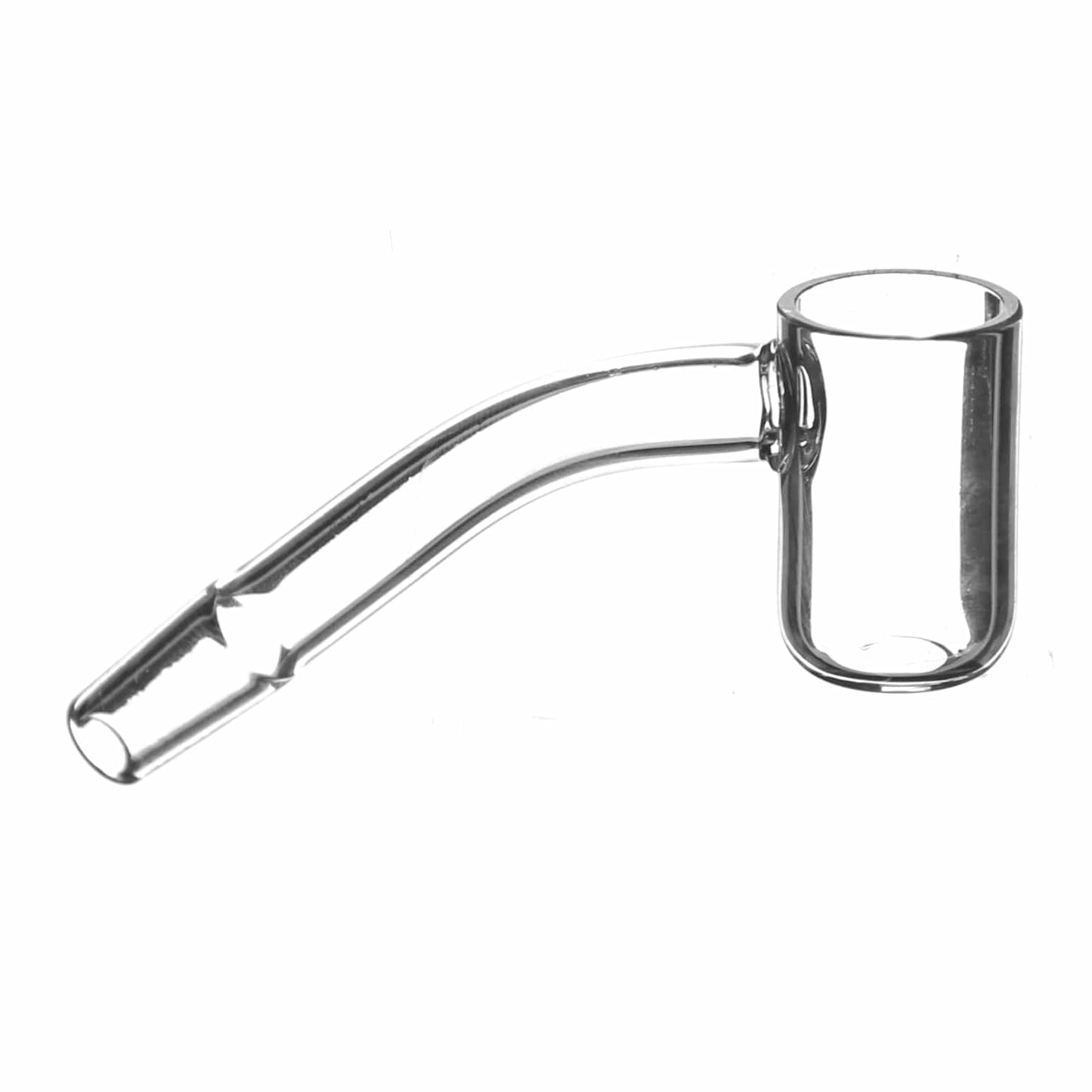 A close-up, angled view of the 10mm 45 Degree Quartz Banger, showcasing its clear quartz construction and angled design.