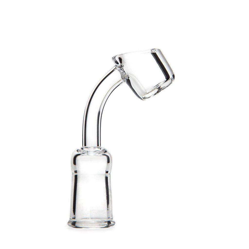 A close-up, angled view of the 14mm 45 degree Quartz Banger, displaying its clear quartz construction and angled joint.
