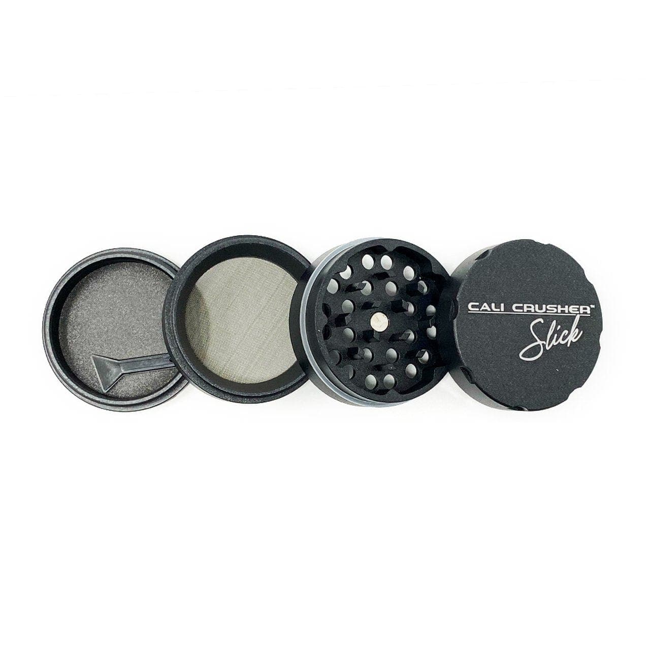 A disassembled view of the Cali Crusher Slick 2 4-Piece Grinder, showcasing its metallic components and internal structure.