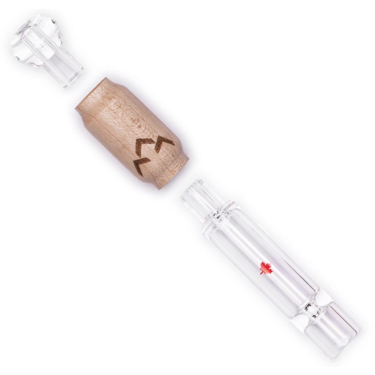 A close-up, angled view of the Canada Puffin Northern Lights Taster Pipe, showing its clear glass construction and joint detail.