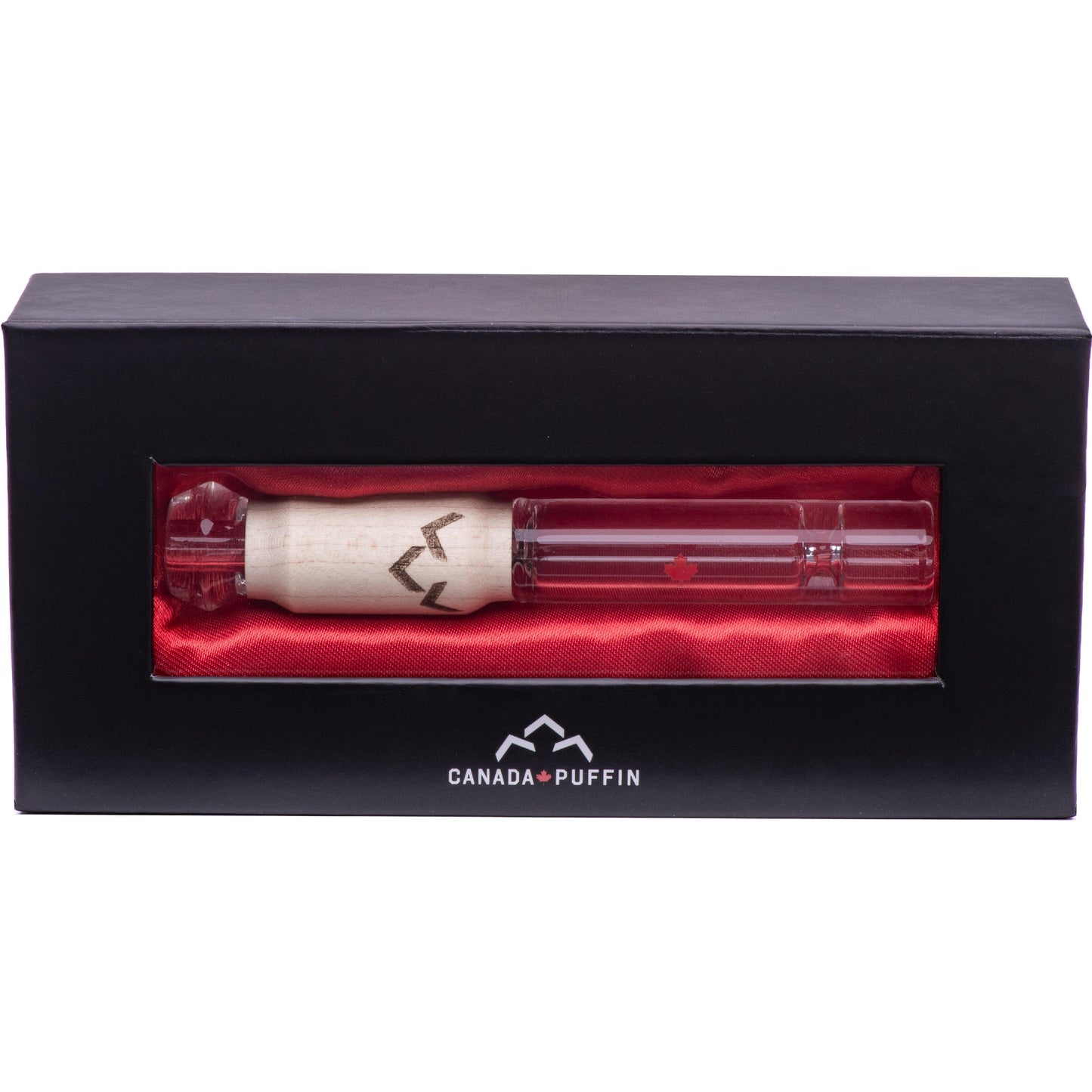 Front view of the Northern Lights Taster Pipe, resting in a red velvety case against a dark backdrop.