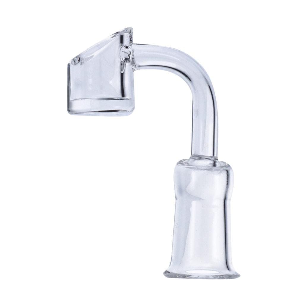 A close-up shows the C&C Unique-Replacement 90 Degree Angled Bowl Quartz Banger, featuring a female 14mm joint and a clear quartz construction.