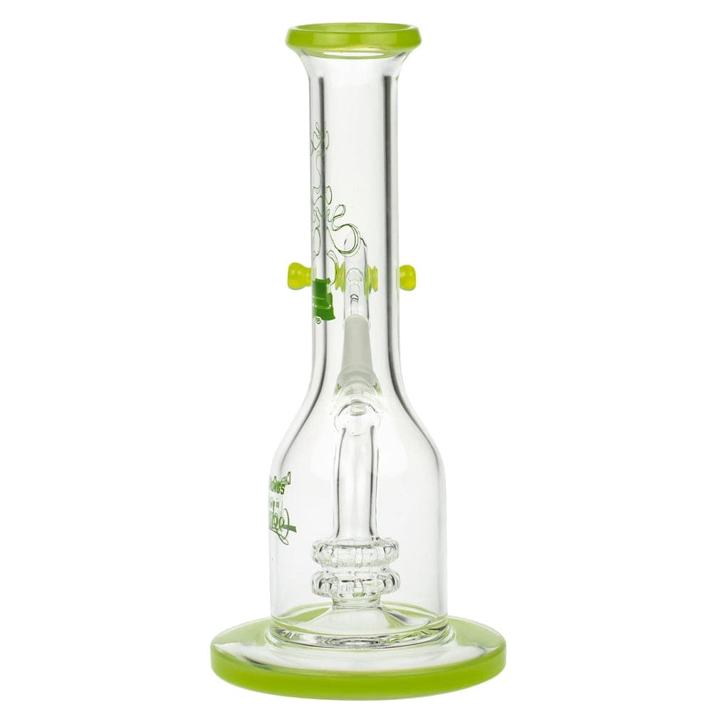 A studio shot of the Jade East 7" Dab Rig, featuring a clear glass construction and a rounded base against a white background.