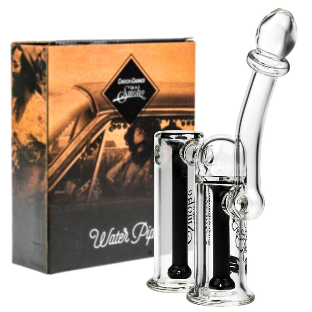 Front view of the Clyde Double Chamber Bubbler, showing the clear glass bubbler against a dark, textured backdrop.