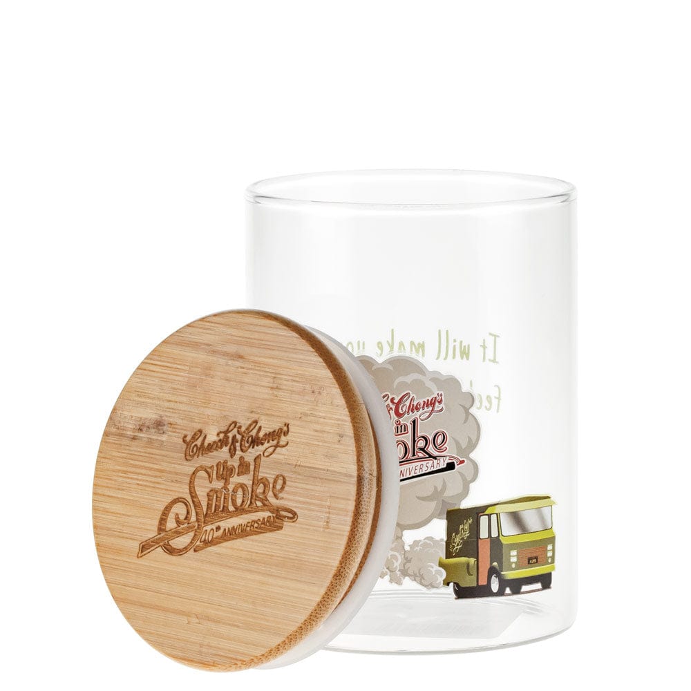 Front view of the Up In Smoke 40th Anniversary Big Green Van Stash Jar, shaped like a vintage van with detailed painted accents.