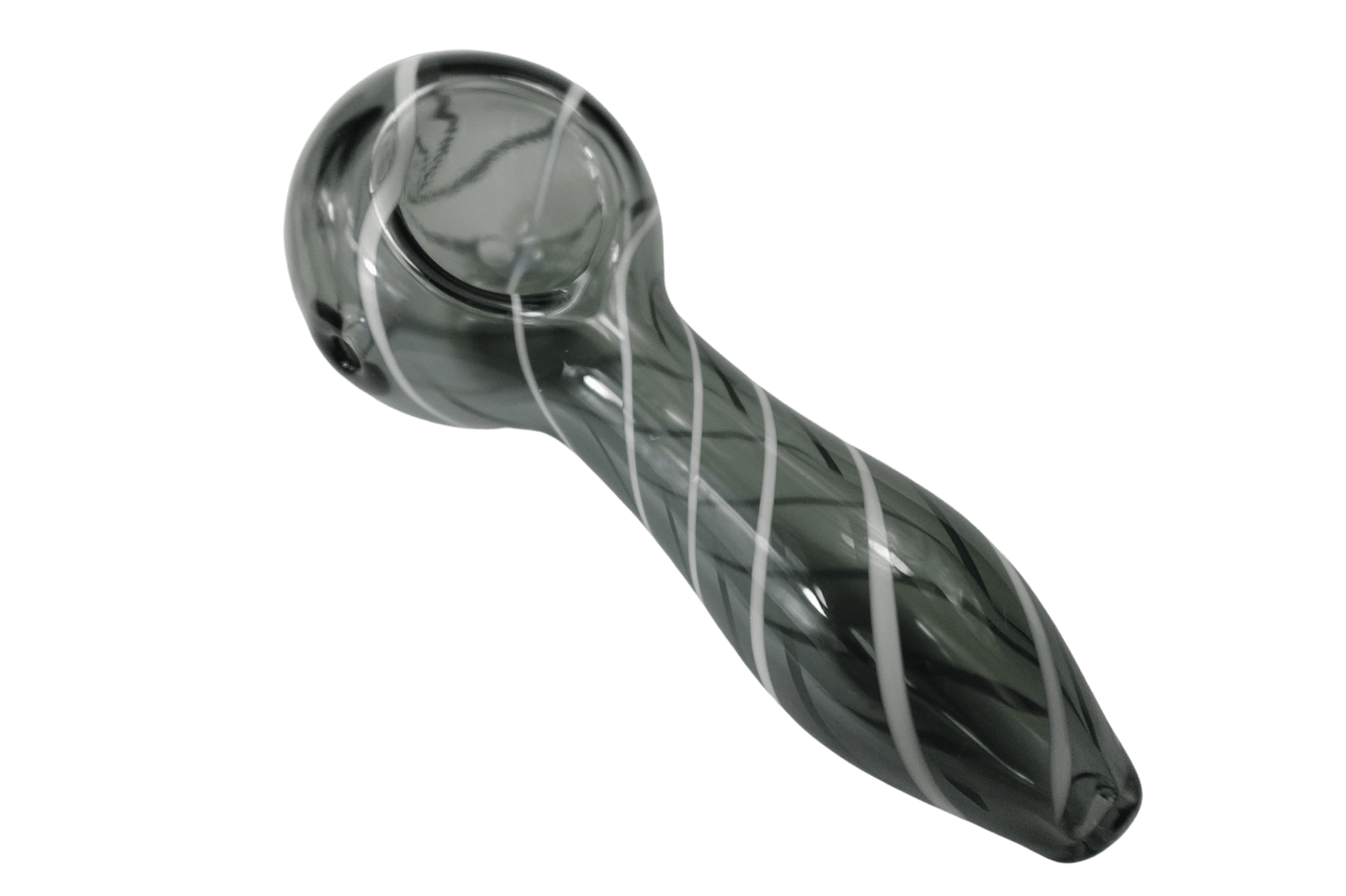 A side view of the 4'' Simple Classic Heavy Duty Glass Spoon Hand Pipe, showcasing its curved shape and clear glass construction.