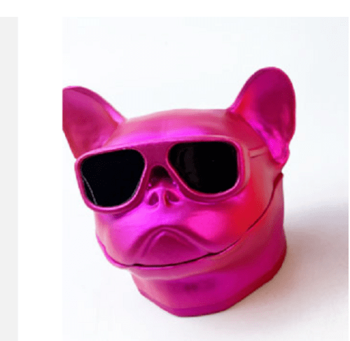 A close-up, front view of the French Bulldog Grinder, a sculpted pink grinder resembling a bulldog’s head.