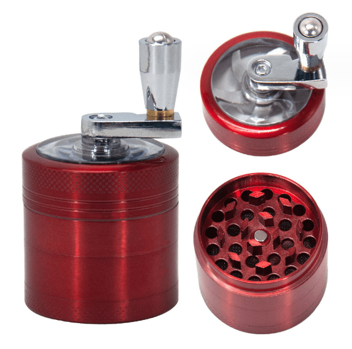 Close-up, angled view of the 4 Piece Hand Crank Grinder with a metallic finish, showcasing its multi-part construction and hand crank.