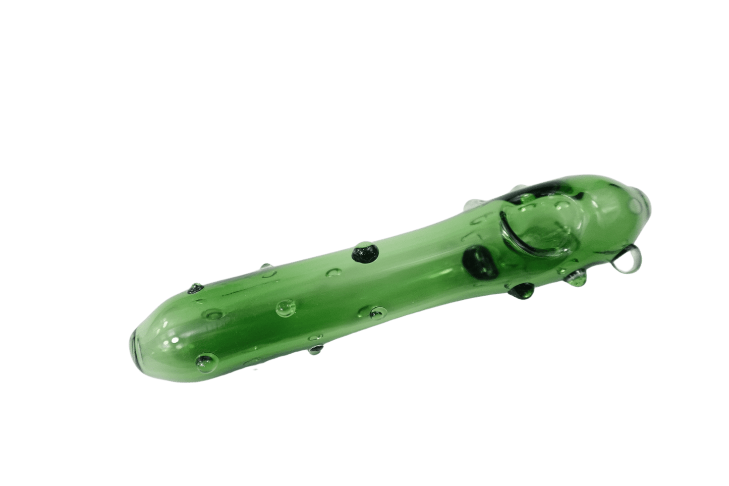 A close-up of the 5'' Cucumber Man Glass Hand Pipe, showing its green glass construction and smooth, curved design.