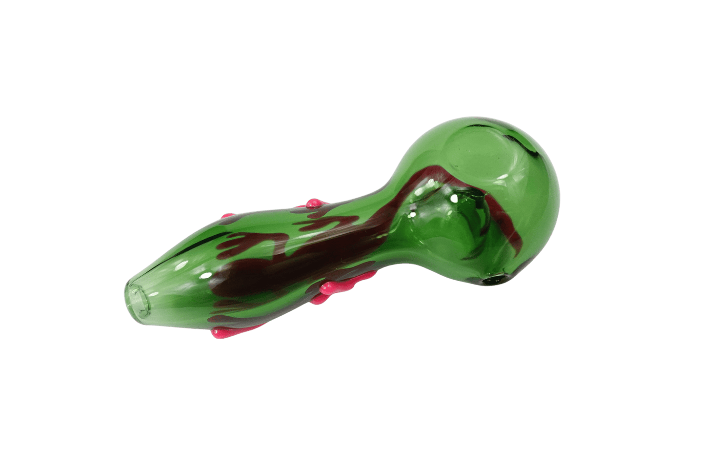 A side view of the 5'' Pink Lizard Glass Spoon Hand Pipe, showing its curved shape and vibrant pink coloration.