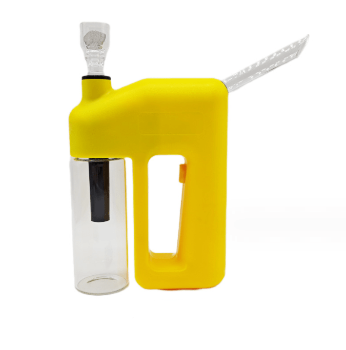 Front view of the 7.5'' Battery Powered Electronic Bong Water Pipe Bubbler, showing a clear glass tube within a yellow plastic casing.