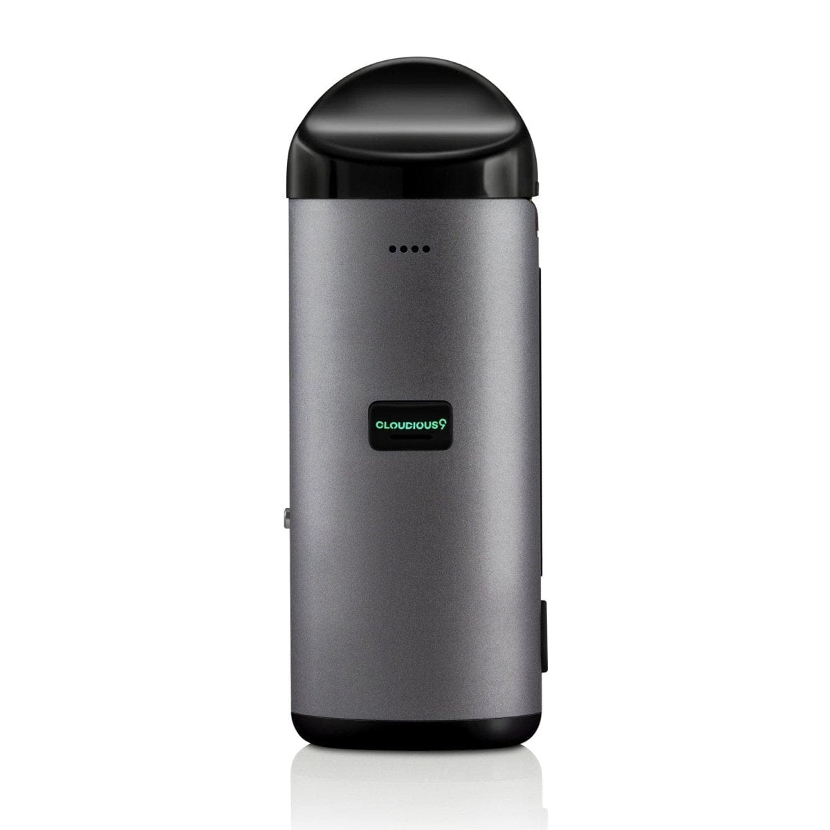 Front view of the Cloudious9 Atomic9 Vaporizer, a sleek, silver device reflecting on a glossy surface.