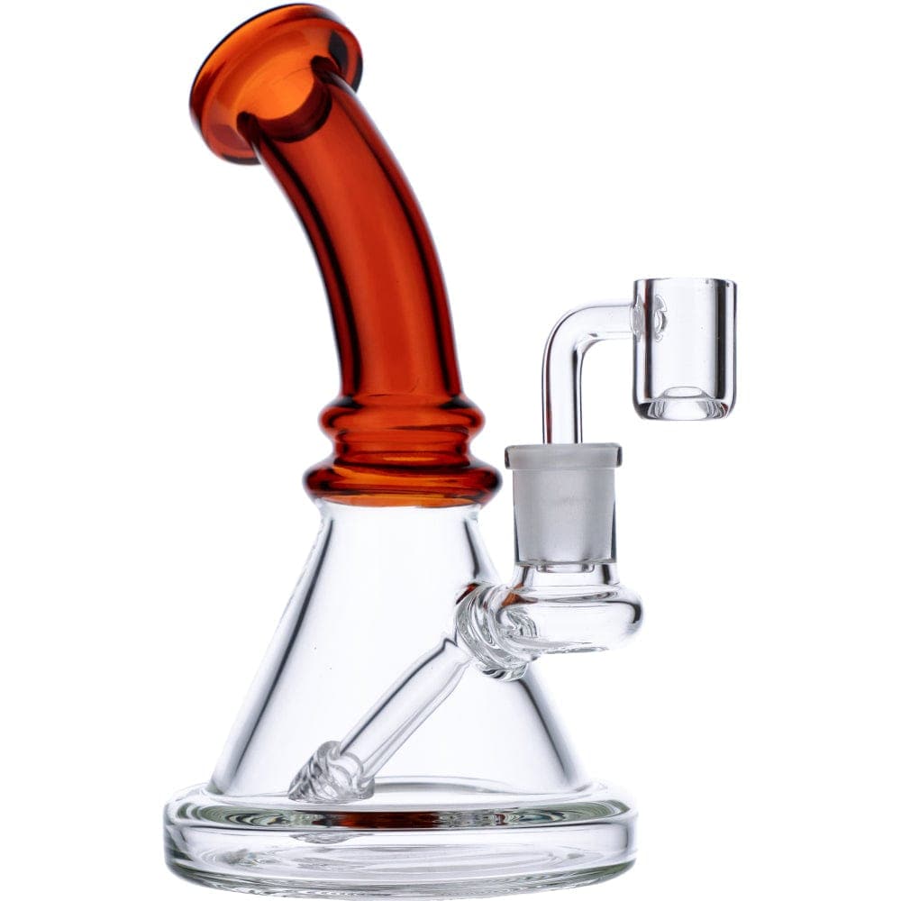 A front view of the 7" Mini Bent Neck Waterpipe - Amber, showing the angled neck and clear glass construction.