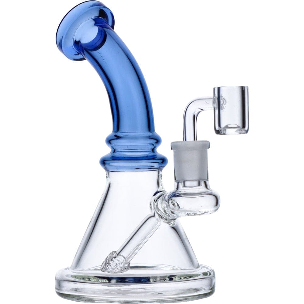 A front view of the 7” Mini Bent Neck Waterpipe - Blue, showcasing its curved neck and clear glass construction.