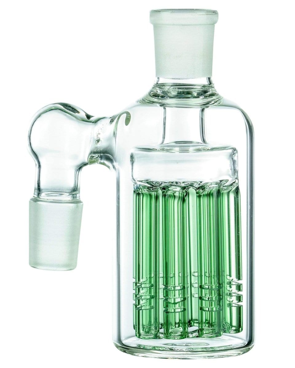 A studio shot of the Green 8-Arm Tree Perc Ashcatcher, showcasing its clear glass and the branching perc structure within.