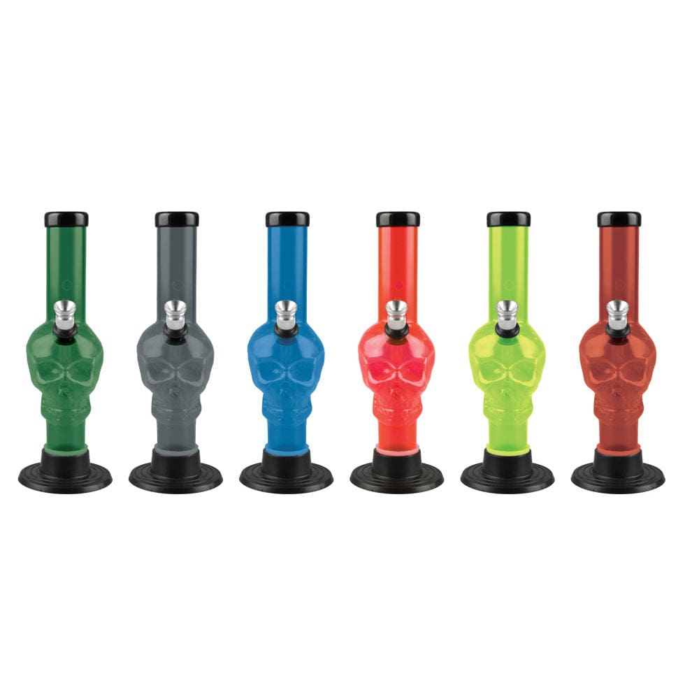 A front view of six "6" Acrylic Skull Design Water Pipes, each with a unique color variation and skull-shaped design.