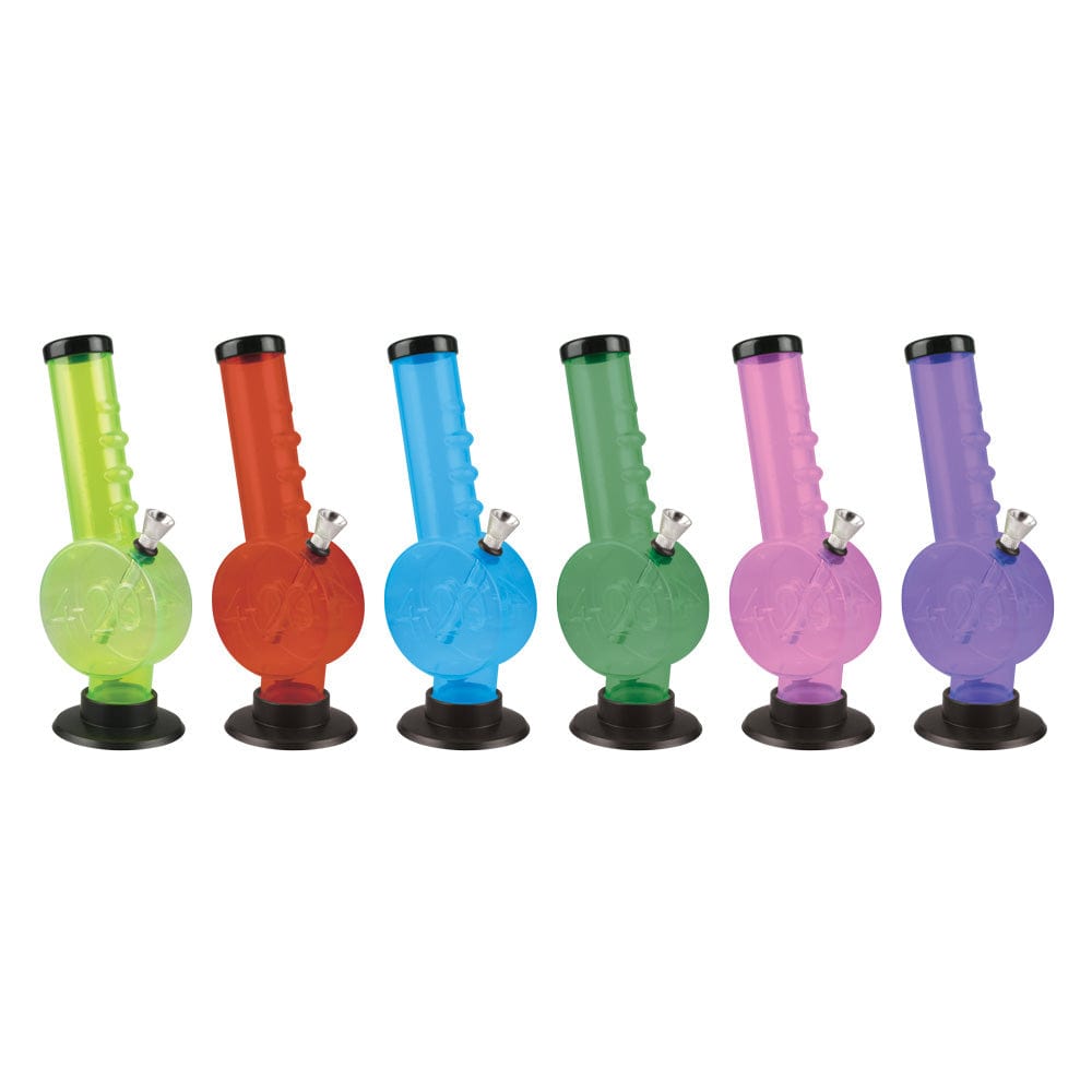 A side view of several 9" 420 Disc Acrylic Water Pipes in various colors, arranged against a plain white background.
