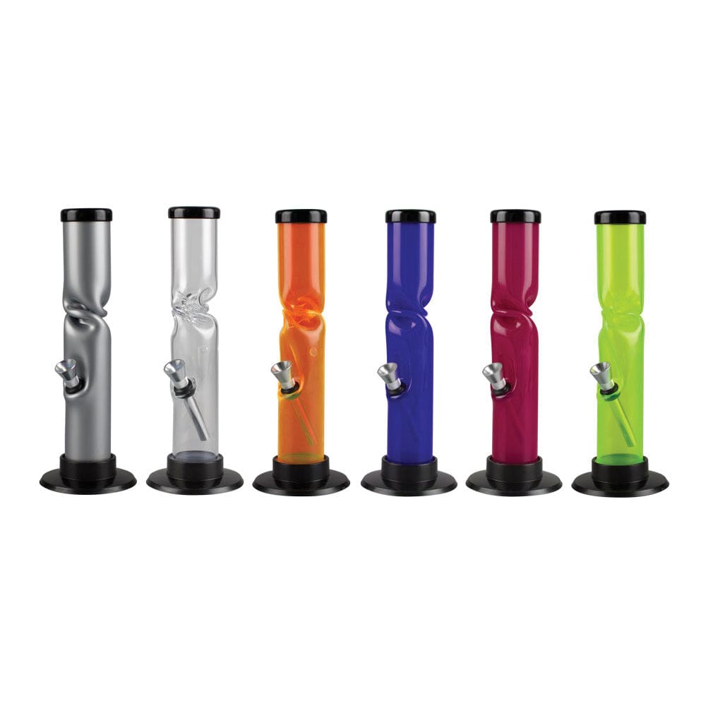 A lineup of the 9-inch Acrylic Straight Water Pipe w/ Ice Catch in various colors, photographed from a slightly low angle against a plain white background.