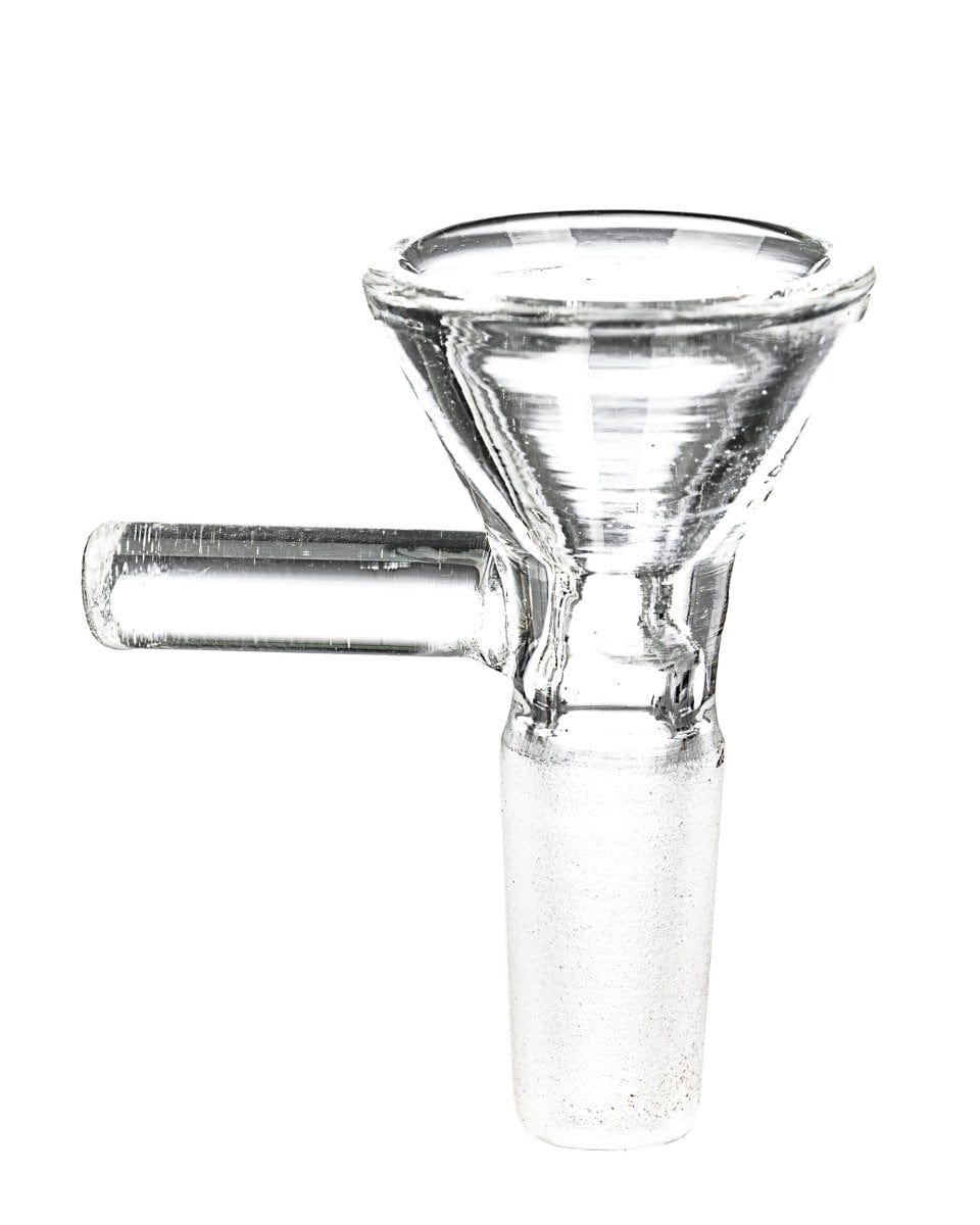 A close-up, angled view of the Glass Funnel Bowl, showcasing its clear glass construction and simple funnel shape.
