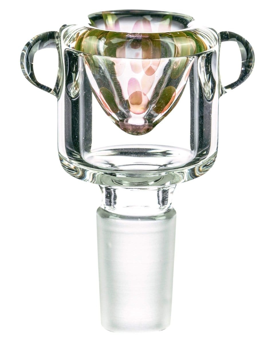 A close-up, angled view of the Spotted Bubble Bowl, showcasing its clear glass construction and rounded shape.