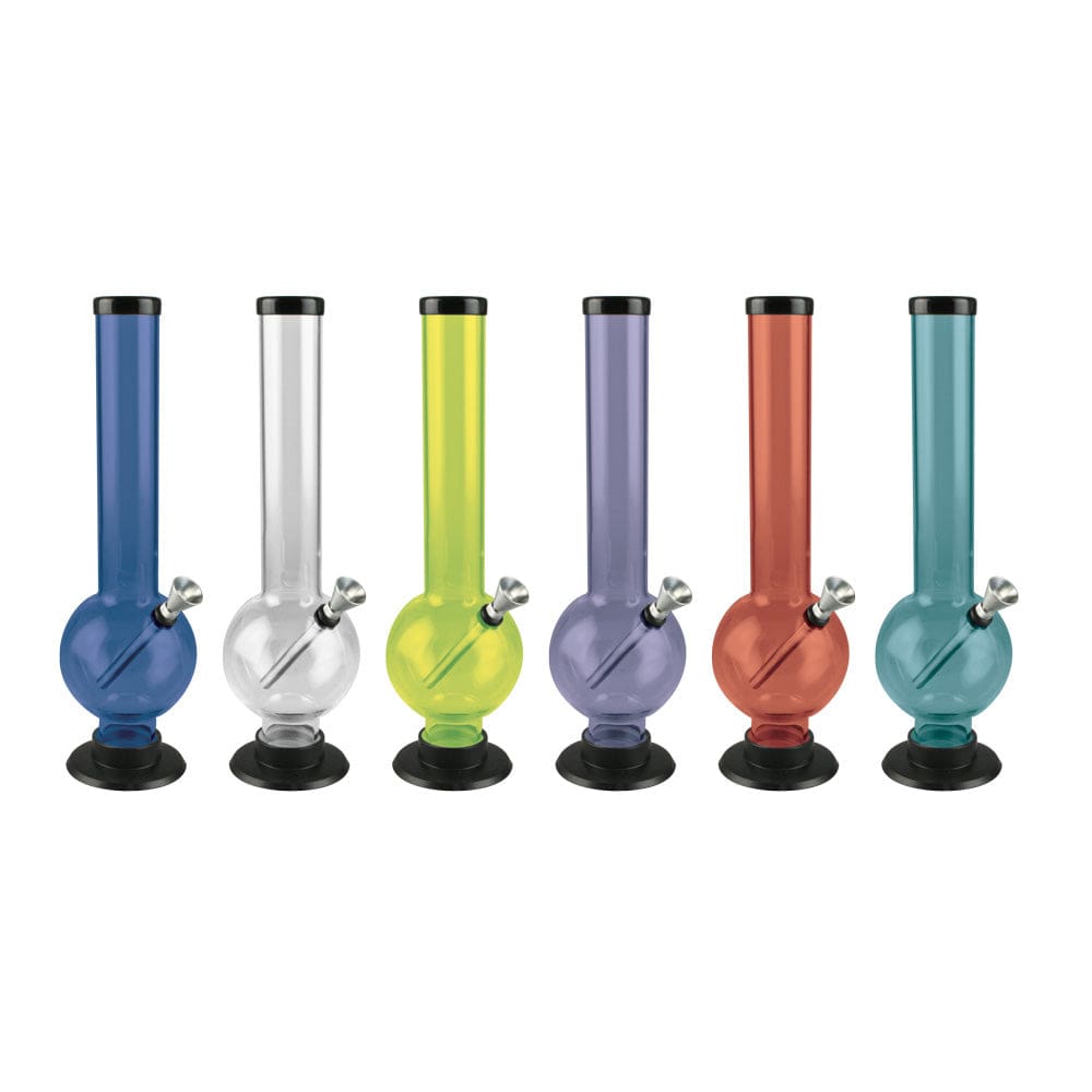 A studio shot displays several 12-inch Bubble Acrylic Water Pipes in varying translucent colors arranged in a neat row.