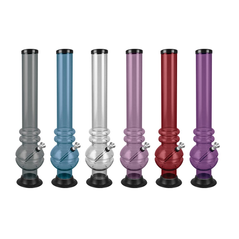 Front view of the 18-inch Bubble Acrylic Water Pipe, displaying multiple color variations arranged against a plain white backdrop.