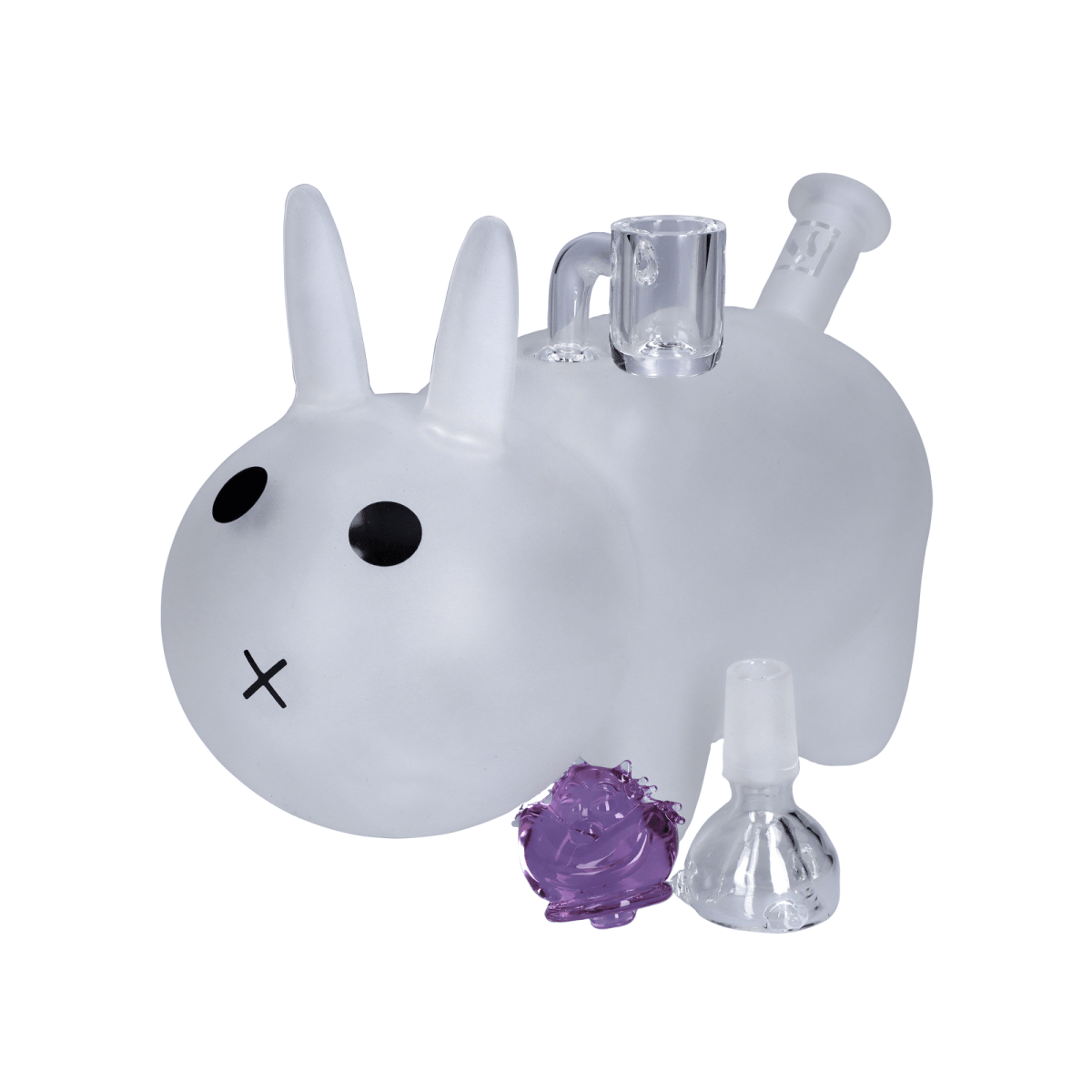 Front view of the DHC Originals Bunny Bong, a clear glass water pipe shaped like a rabbit with a purple accent piece.