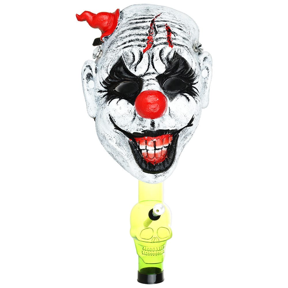 A front view of the 8-inch Creepy Clown Gas Mask w/ Acrylic Water Pipe, showing a detailed clown face with a built-in pipe.