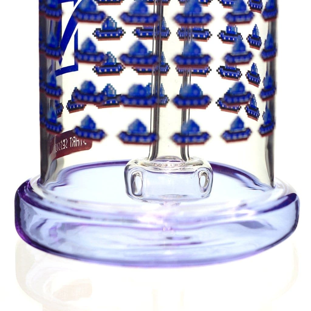 Front view of the DHC Originals "Sesh Invaders" Bong, featuring a clear glass construction with a wide base and unique patterned design.