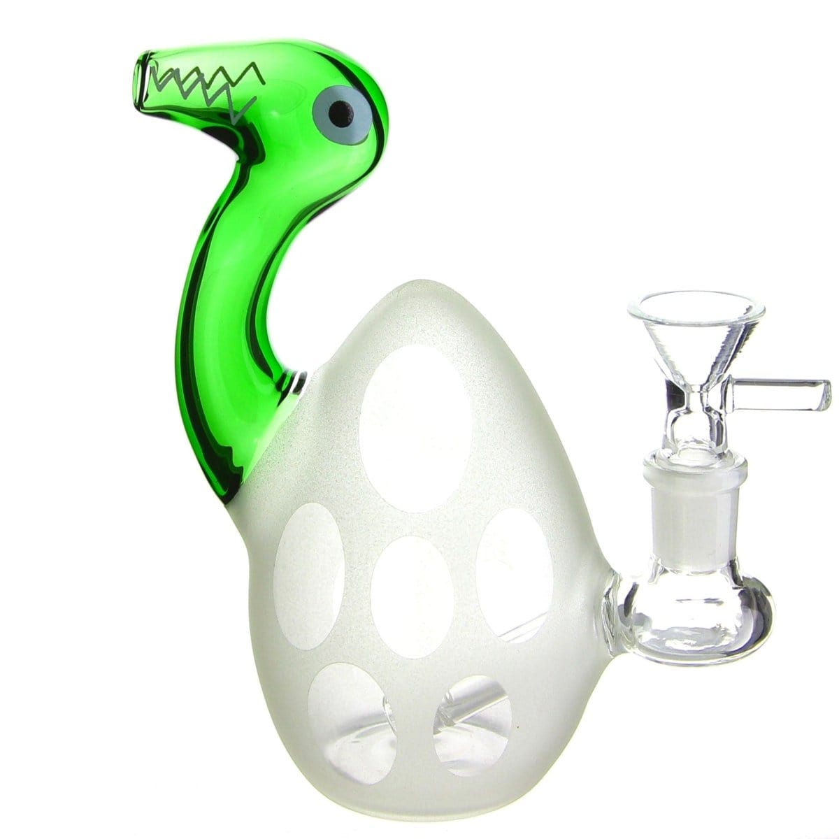 A side view of the DHC Originals "Seshosaurus" Bong, a green glass piece with a dinosaur-like sculpted design.